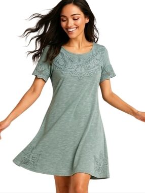 Soft Surroundings Tiki Town Pale Green Embroidered Boho Hippie Dress. SZ Large P